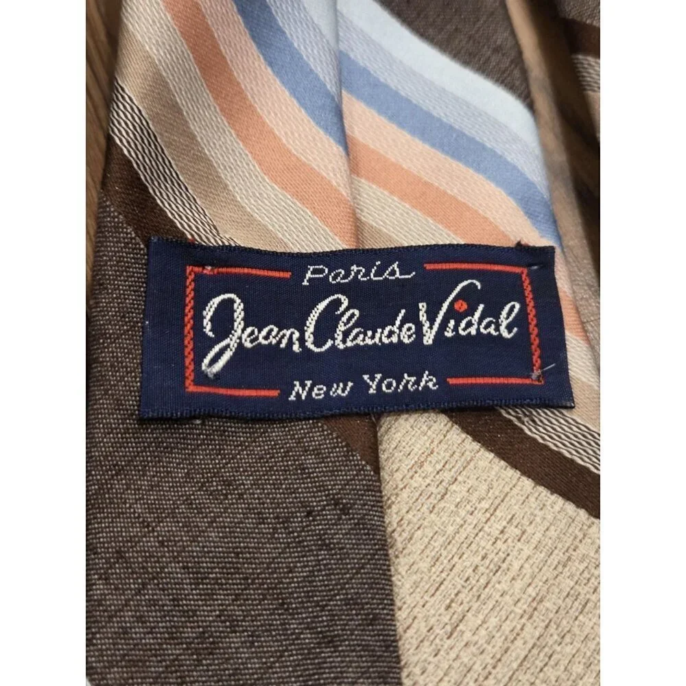 Vtg 70s Jean Claude Vidal Tie Brown Tan Blue Stripe Wide Blade Paris New York